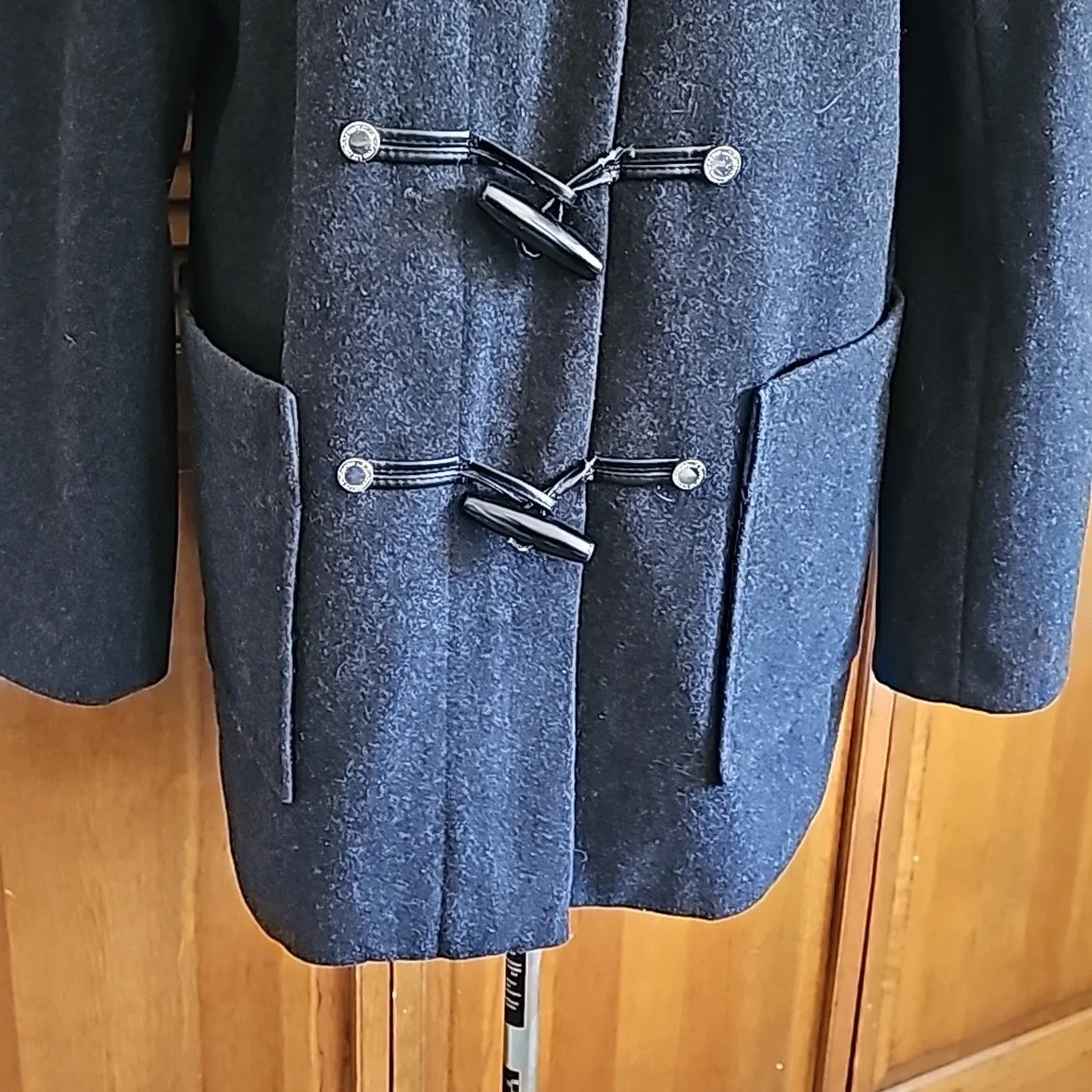 Liz Claiborne wool hooded long jacket zipper front decorative buttons Large - Picture 3 of 11